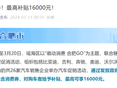 安徽瑶海区将发放汽车消费补贴，单车最高可补16000元